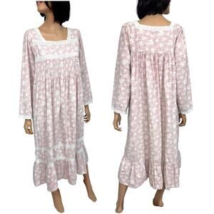 Victorian Cotton Nightgown Prairie Dress M Pintuck Eyelet Lace Peasant Cozycore